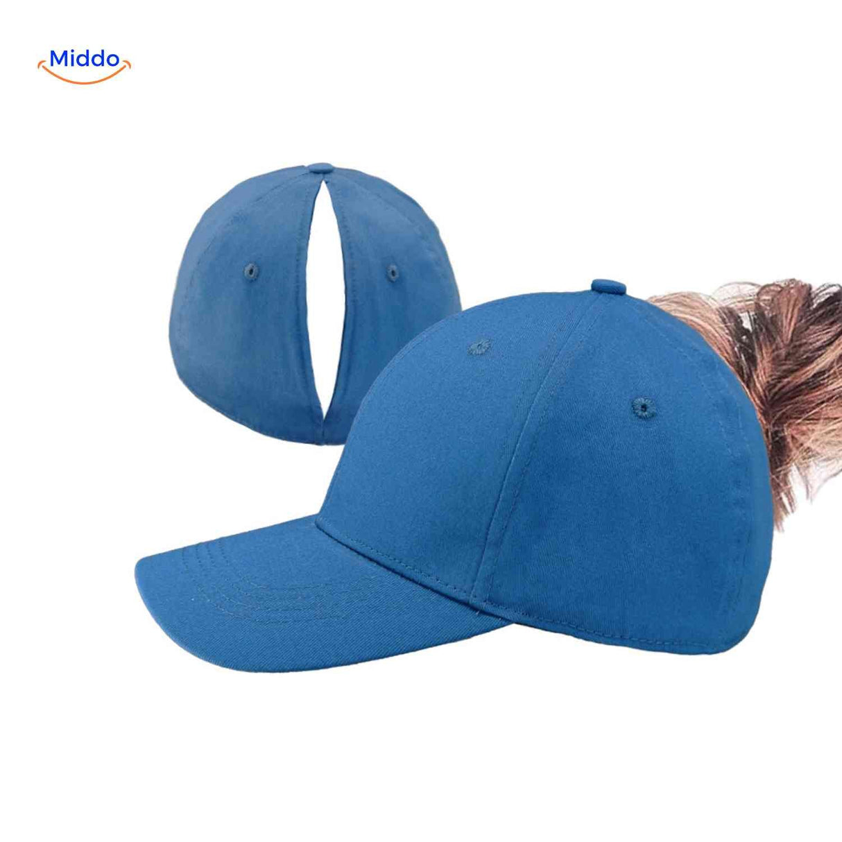 Blue ponytail cap for summer and sports activities with secure magnetic closure.