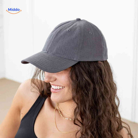 Dark gray ponytail cap featuring high hair opening with stylish magnetic closure.