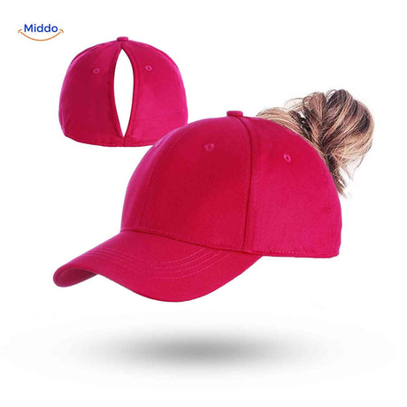 Hot pink ponytail cap with high hair opening for secure ponytail fit.