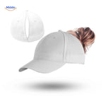 White ponytail cap with hair opening, basic sporty style with magnetic closure.