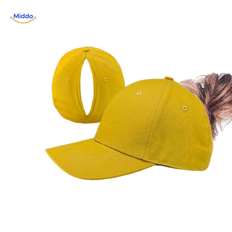 Yellow ponytail cap styled for high ponytail, feminine and trendy design.