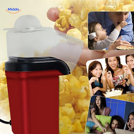 Happy family enjoying fresh popcorn from the mini electric maker together.