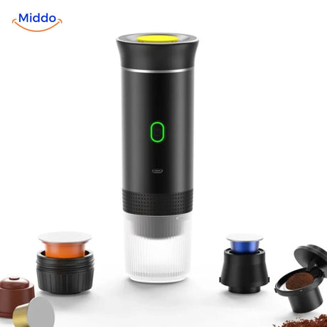Portable espresso machine showing modular parts and assembly components.