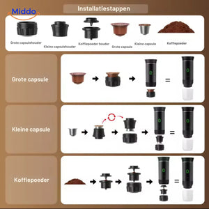 Black portable espresso machine ready for use with coffee capsules.