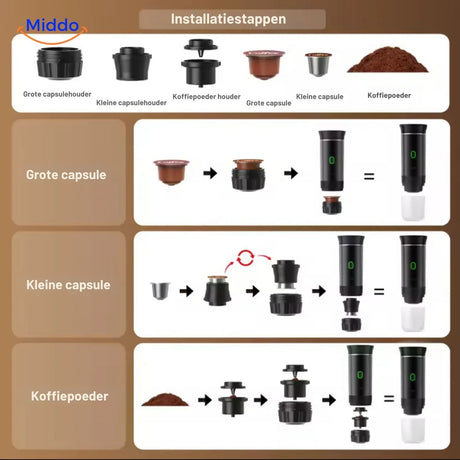 Black portable espresso machine ready for use with coffee capsules.