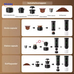 Black portable espresso machine ready for use with coffee capsules.