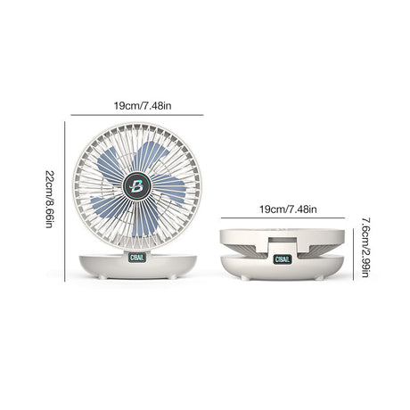Portable fan dimensions and specifications for size and fit assessment.