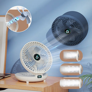 Portable fan key features including remote control and oscillating capability.