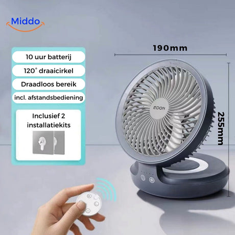 Gray portable cooling fan with remote control for convenient operation.