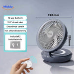 Gray portable cooling fan with remote control for convenient operation.