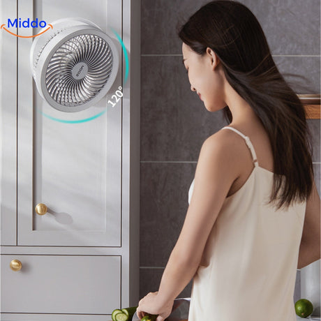 Portable cooling fan running in kitchen for effective air circulation.