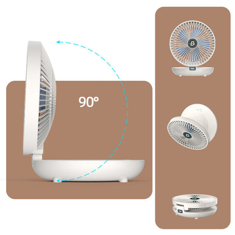 Oscillating portable fan with 360-degree rotation for complete room coverage.