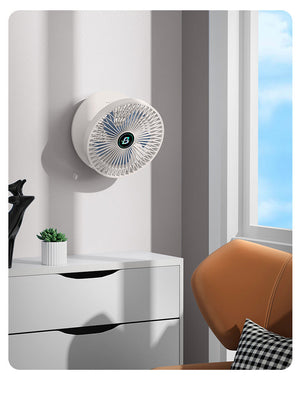 Wall-mounted portable cooling fan providing space-saving air circulation.