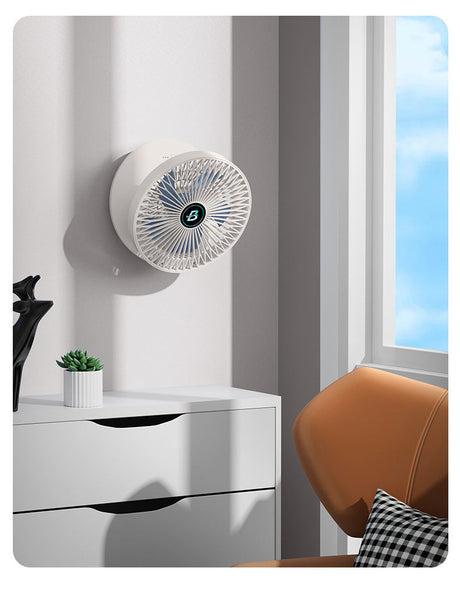 Wall-mounted portable cooling fan providing space-saving air circulation.