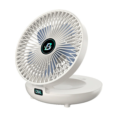 White portable cooling fan in use on table with easy temperature control.