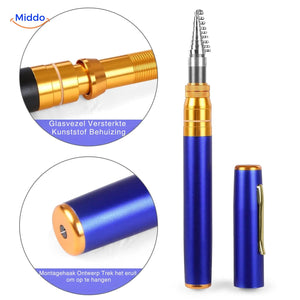 Portable telescopic fishing rod in blue used outdoors, demonstrating its lightweight and compact design.