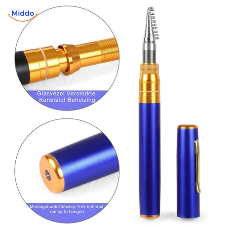 Portable telescopic fishing rod in blue used outdoors, demonstrating its lightweight and compact design.