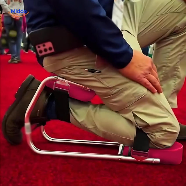 Portable garden kneeler and stool with adjustable strap-on support bracket for comfortable kneeling.