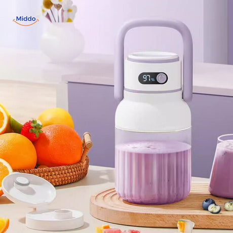 Portable blender showing different juice blending options and results.