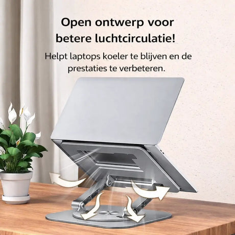 Lightweight portable laptop stand positioned for outdoor open-air workspace setup.