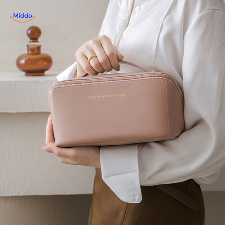 Portable light pink makeup pouch for on-the-go use