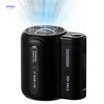 Hands-free portable mini fan with dual-clip mounting in sleek black finish.