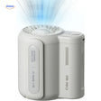 Portable mini fan with hands-free dual-clip design in white color for hiking and camping.