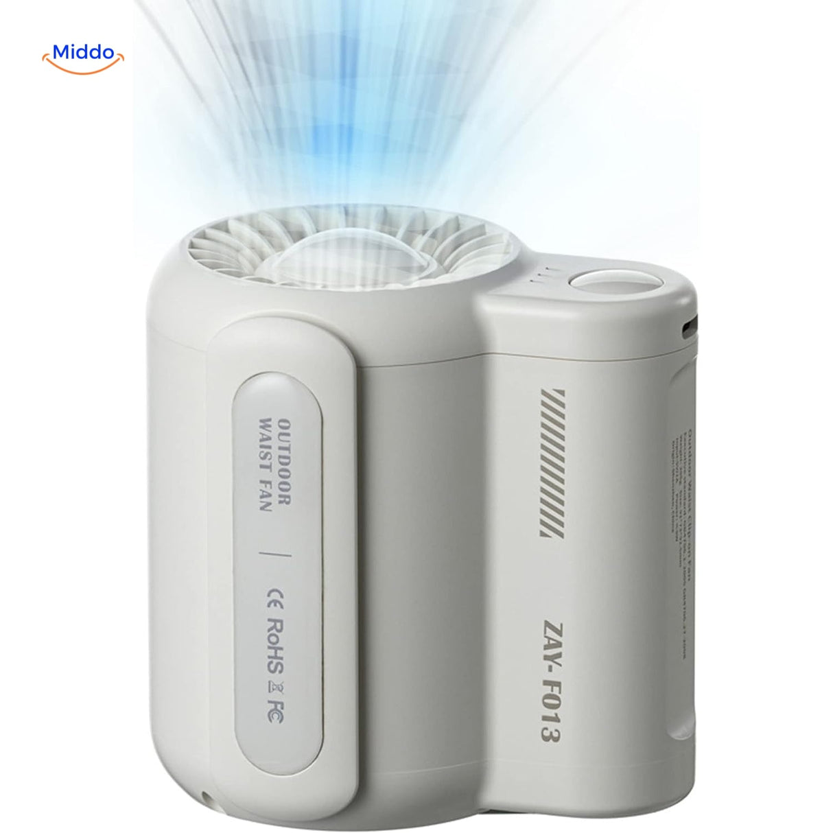 Portable mini fan with hands-free dual-clip design in white color for hiking and camping.