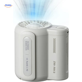 Portable mini fan with hands-free dual-clip design in white color for hiking and camping.