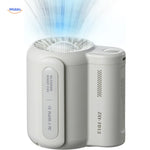 Portable mini fan with hands-free dual-clip design in white color for hiking and camping.