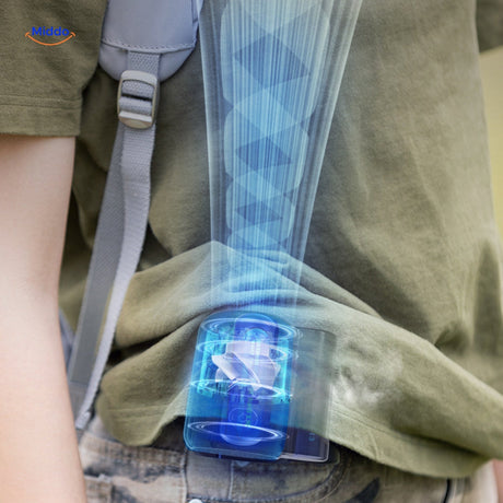 Portable mini waist fan ready to clip onto backpack or waistband for outdoor activities.