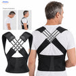 Black — Postura back support with a 50-year-old model and posture illustration