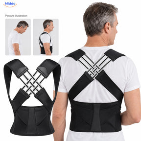 Black — Postura back support with a 50-year-old model and posture illustration