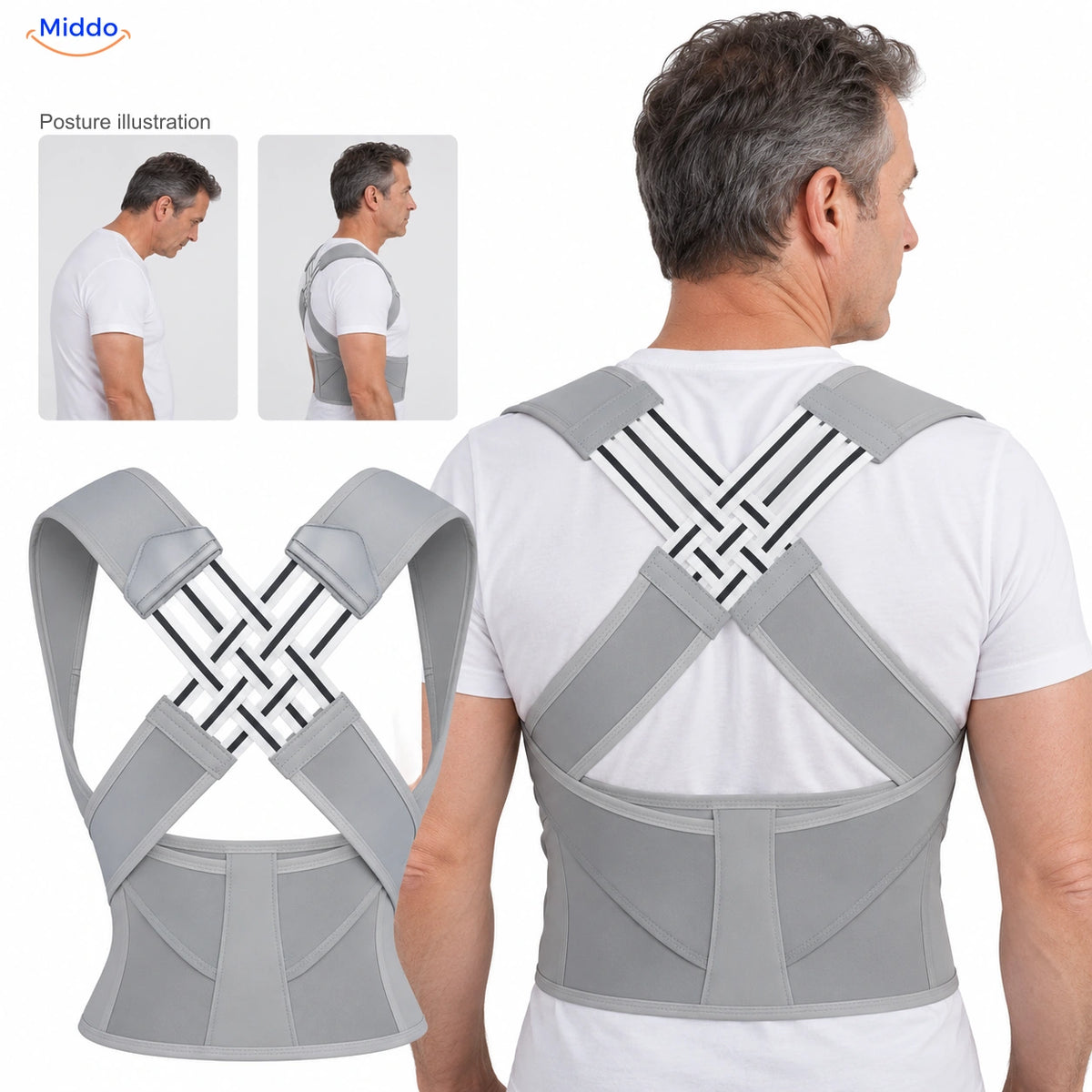 Gray — Postura back support with a 50-year-old model and posture illustration