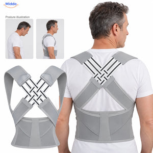 Gray — Postura back support with a 50-year-old model and posture illustration