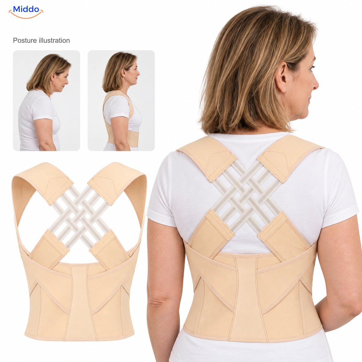 Nude — Postura back support with a 50-year-old model and posture illustration