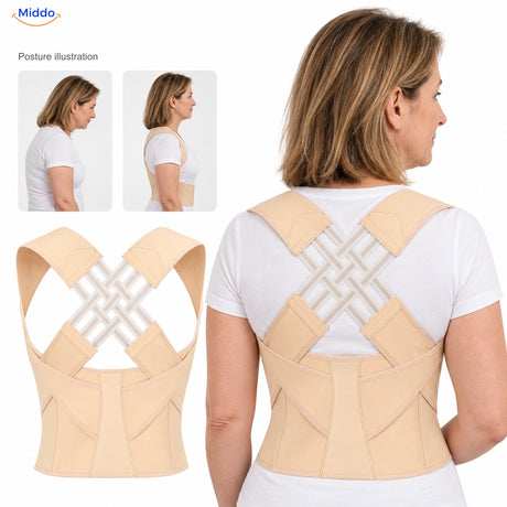 Nude — Postura back support with a 50-year-old model and posture illustration