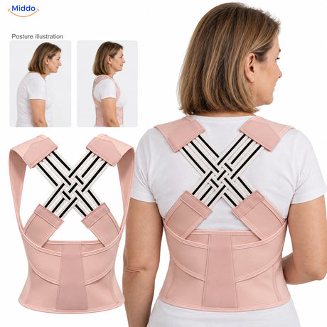 Pink — Postura back support with a 50-year-old model and posture illustration