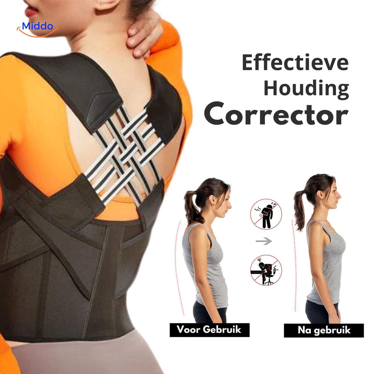 Posture corrector before and after comparison showing improved spinal alignment and upright posture.