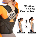 Posture corrector before and after comparison showing improved spinal alignment and upright posture.