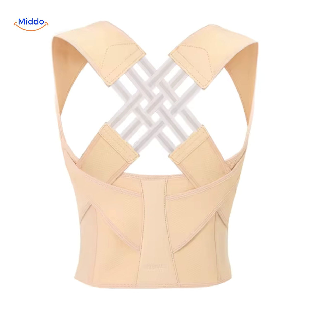 Posture corrector in beige color option, showing the neutral-tone finish and adjustable back support fit.