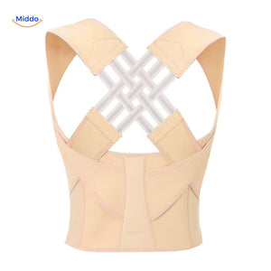 Posture corrector in beige color option, showing the neutral-tone finish and adjustable back support fit.
