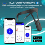 Smart posture corrector connecting via Bluetooth to mobile app for posture monitoring.