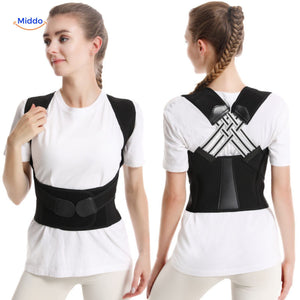 Posture corrector shown from both front and back angles to display full coverage and strap design.