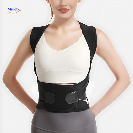 Woman wearing posture corrector, front view showing how the brace fits across the chest and shoulders.