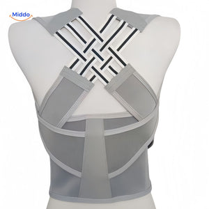 Posture corrector in grey color option, displaying the clean design and comfortable fabric construction.