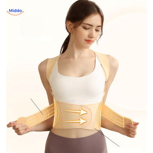 Step-by-step how-to-wear guide showing the correct way to put on and adjust the posture corrector.