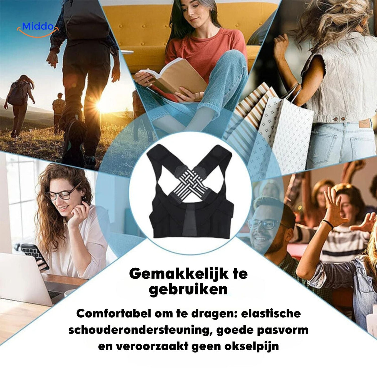 Multiple people demonstrating different ways to wear the posture corrector for varied body types and needs.