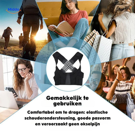 Multiple people demonstrating different ways to wear the posture corrector for varied body types and needs.