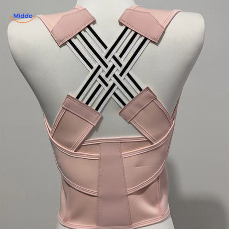 Posture corrector in pink color option, showing the full brace design and adjustable strap system.